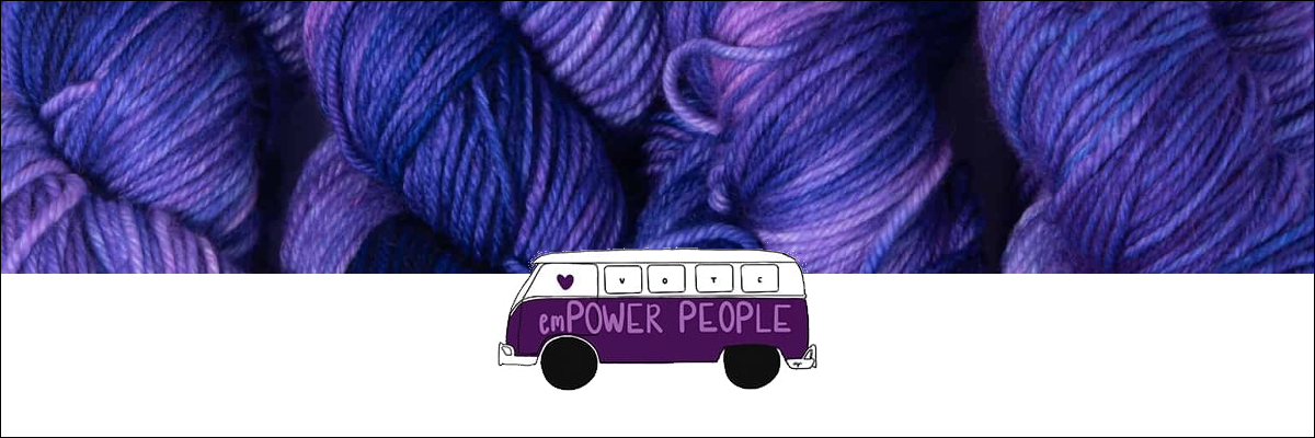 the emPower People logo over a background of purple Lady Dye Yarns yarn