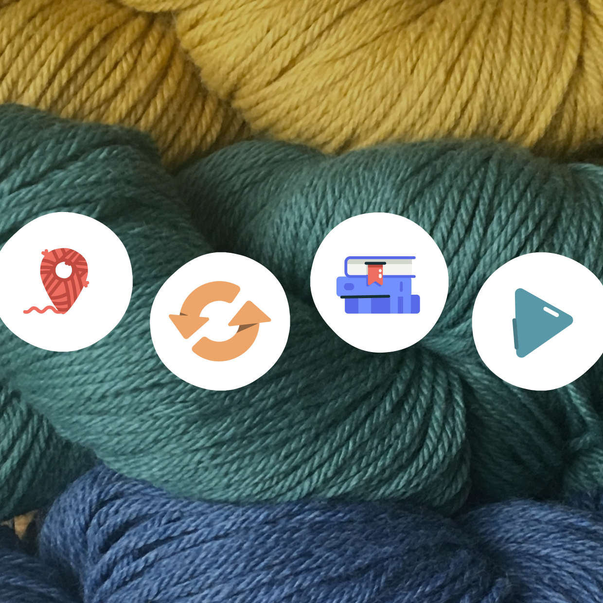 photo of yellow, teal, and blue yarns with Ravelry icons in a waving line across the image