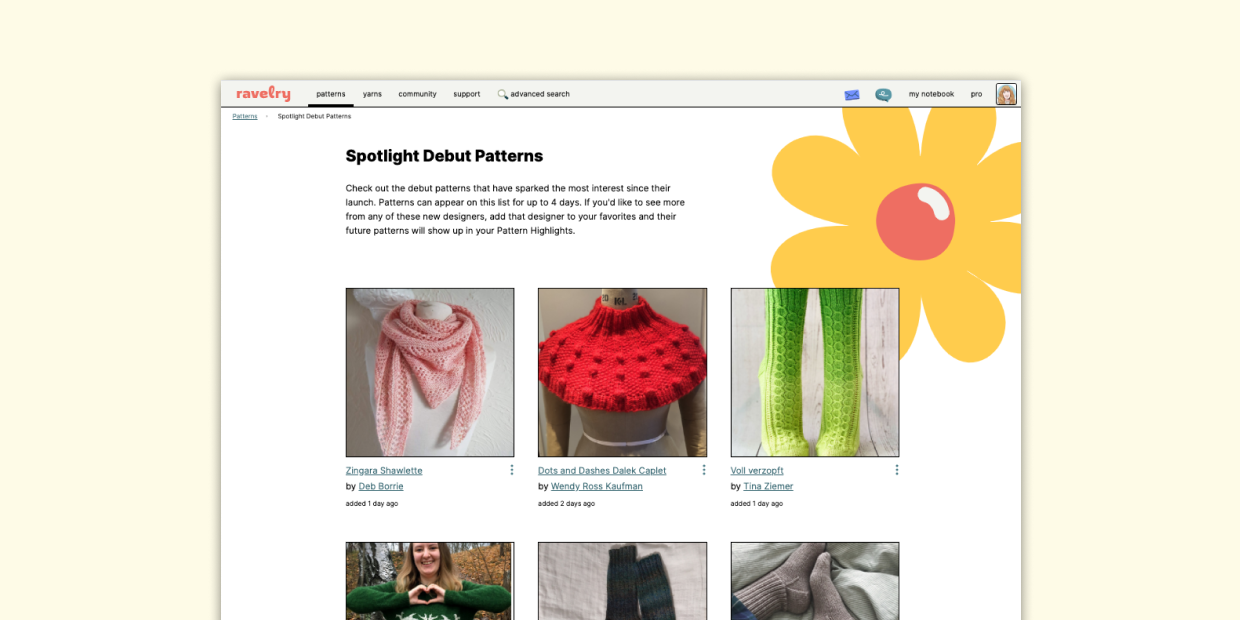 screenshot of the Spotlight Debut Patterns page featuring images of new patterns from new designers