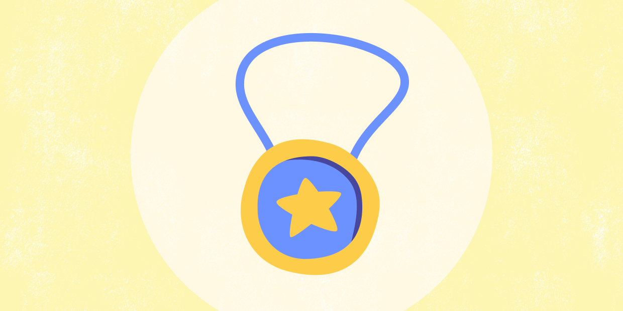 A yellow background with a yellow and blue medal in the center.