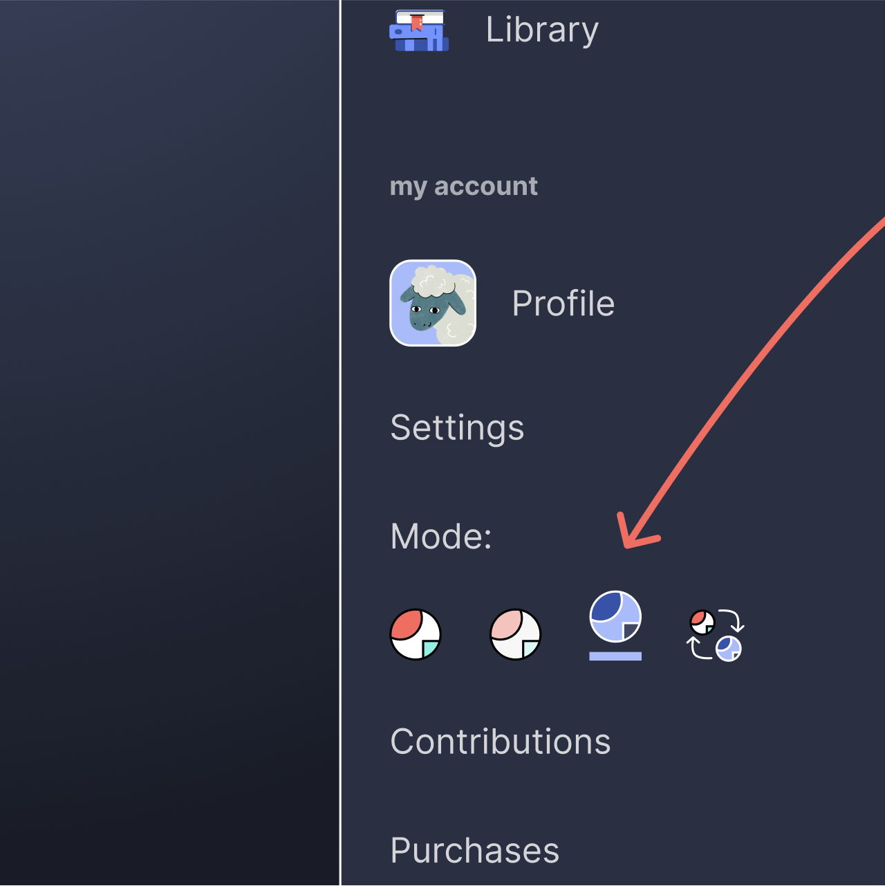 A graphic depicting the Ravatar dropdown Ravelry, on a mobile device, with an arrow pointing to the mode switcher.