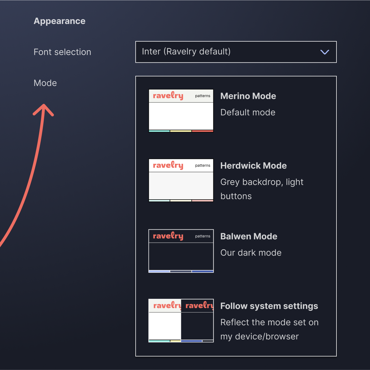 A graphic showing the settings page on Ravelry, with a new dropdown for selecting modes.