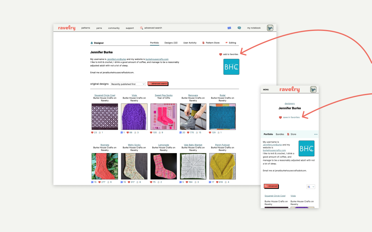 screeenshots of designer Jennifer Burke's designer page on desktop and mobile Ravelry, with arrows pointing to the "save in favorites" button