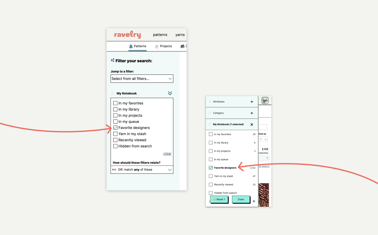 screenshots of advanced search filters in desktop and mobile Ravelry, with arrows pointing to the "favorite designers" filter in the "my notebook" filter sets
