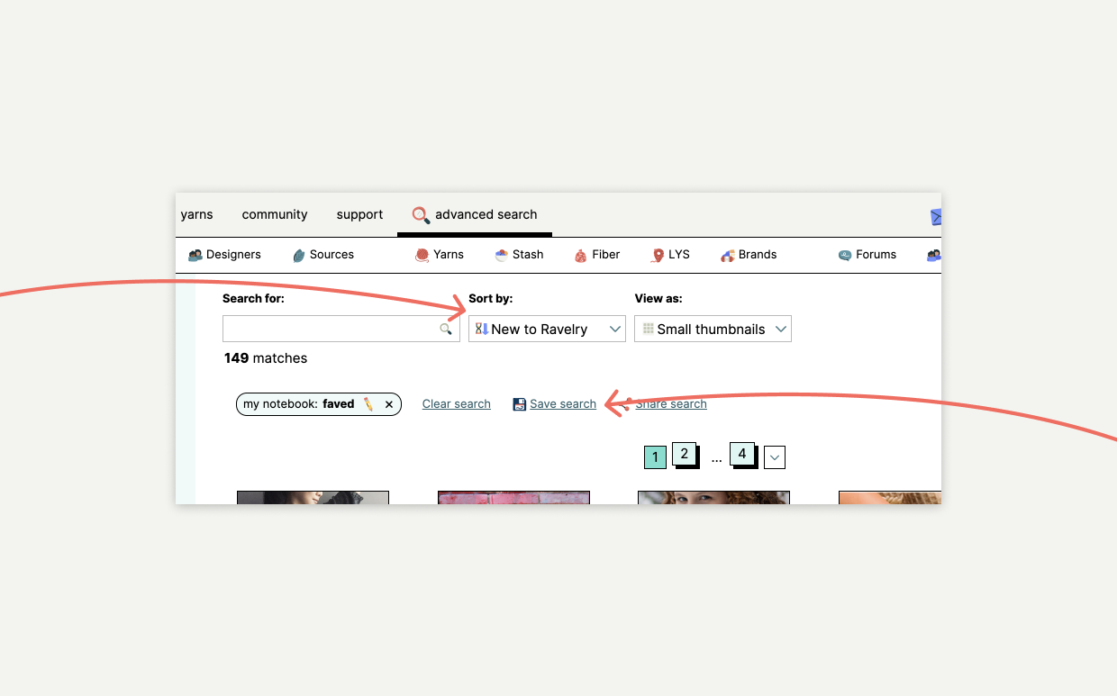 screenshot of desktop Ravelry with arrows pointing to the "new to Ravelry" sort and "save search" link at the top of our advanced search