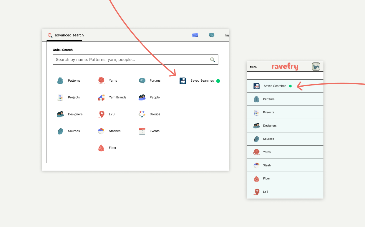 screenshots of desktop and mobile Ravelry with green notification dots in the "saved search" section