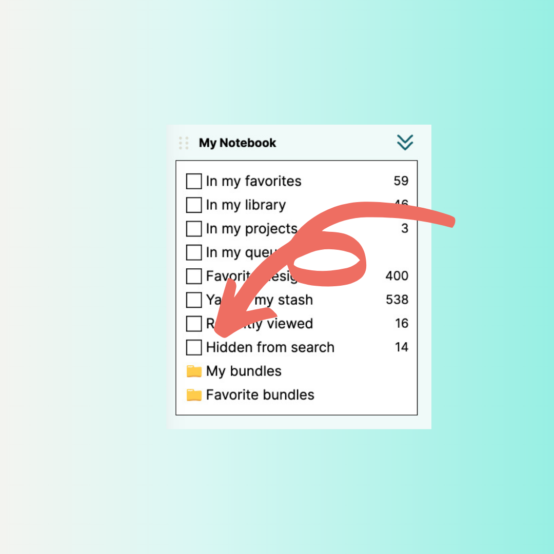 screenshot of the My Notebook filter options with an arrow pointing to the box to check to see patterns that have been Hidden from search 