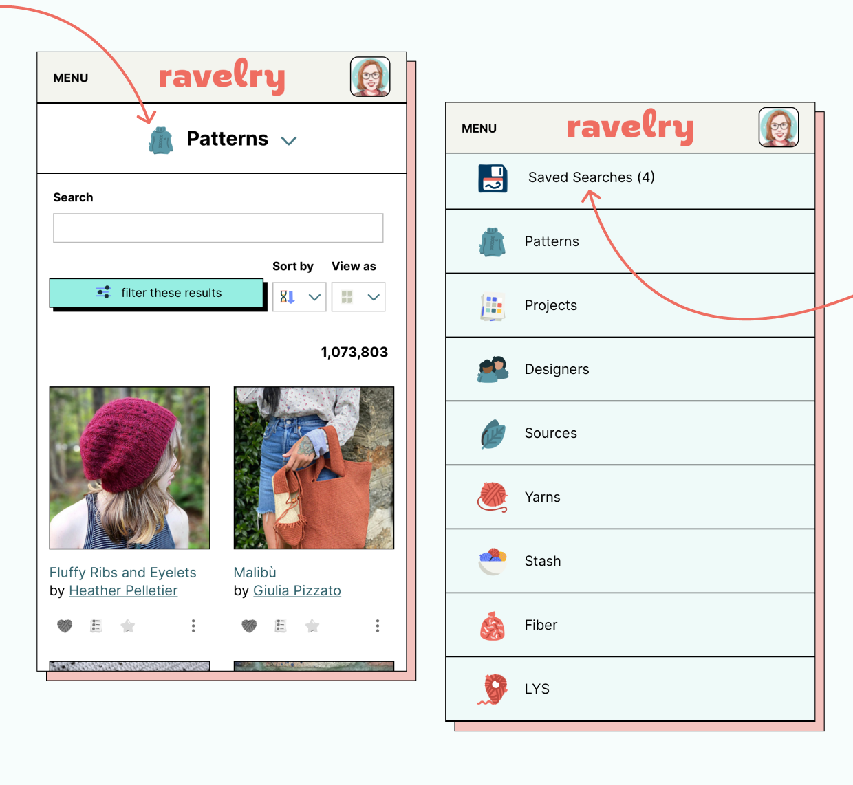 Dos vistas del sitio móvil de Ravelry, resaltando el encabezado de búsqueda que selecciona para revelar opciones para su búsqueda avanzada, incluida la opción superior para ver sus búsquedas guardadas.