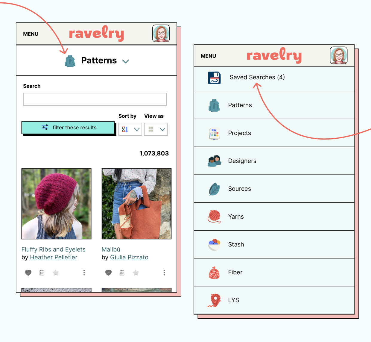 Two views of Ravelry's mobile site, highlighting the hunt heading which you prime to uncover options for your precocious hunt including the topmost enactment to spot your saved searches.