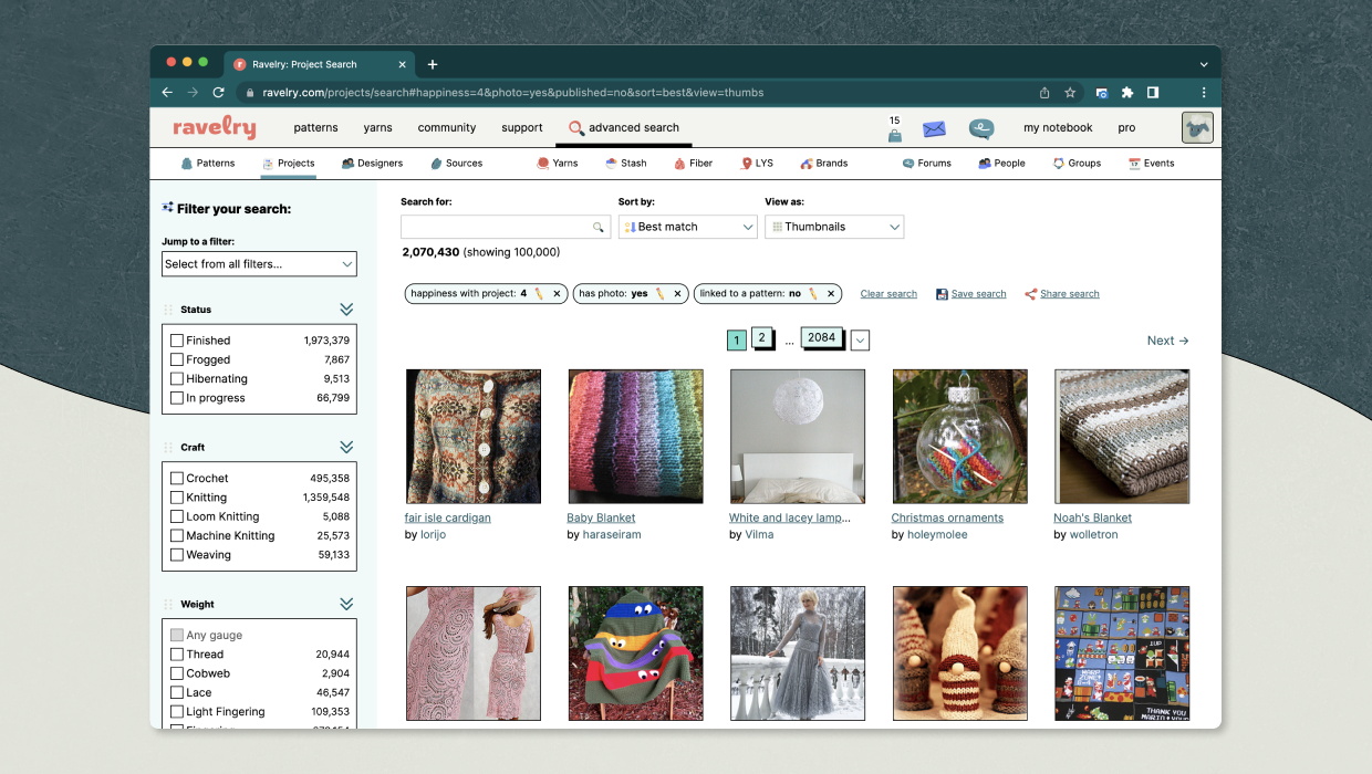 Screenshot of the Ravelry Project Advanced Search, filtered to view projects that are not linked to patterns, with a happiness rating of 4 (our highest) and filtered for projects with photos.