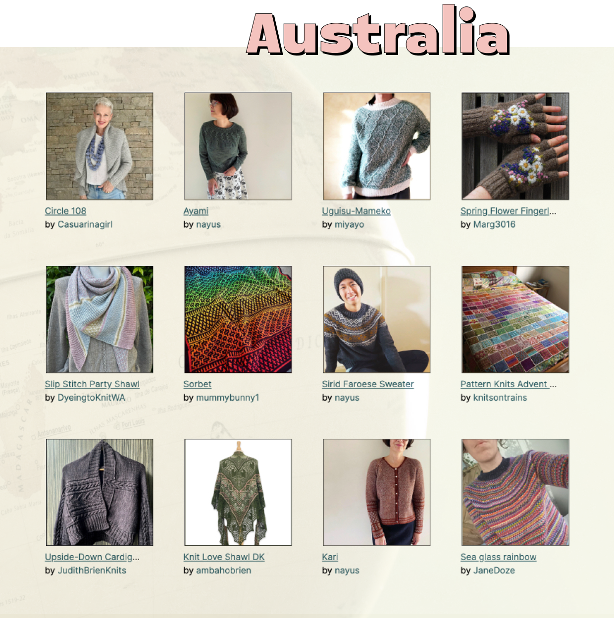 screenshot of search results for projects completed in 2022 by Ravelers in Australia, with project types from sweaters, shawls, blankets in rainbow hues, and embroidered gloves