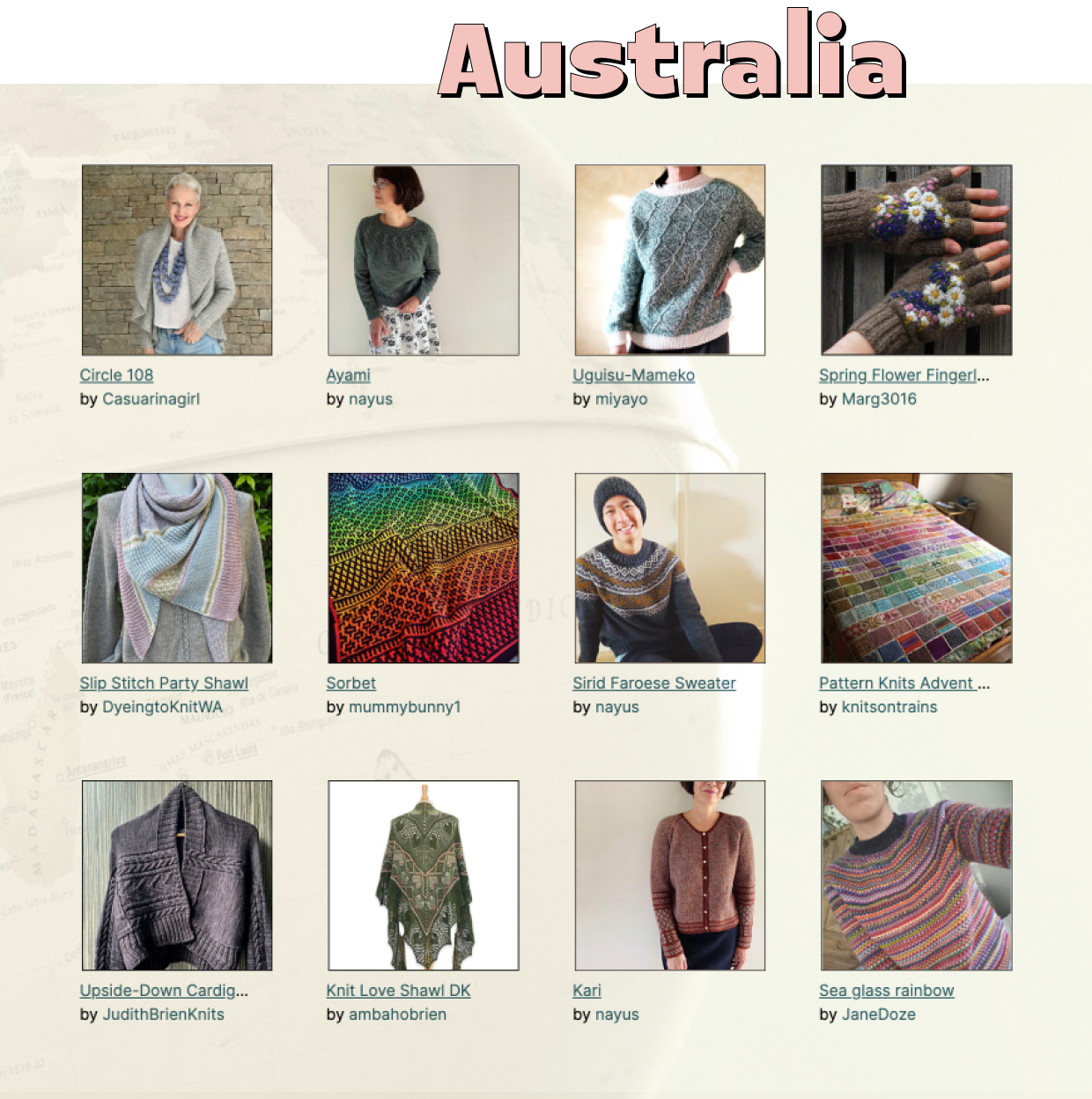 screenshot of hunt results for projects completed successful 2022 by Ravelers successful Australia, with task types from sweaters, shawls, blankets successful rainbow hues, and embroidered gloves