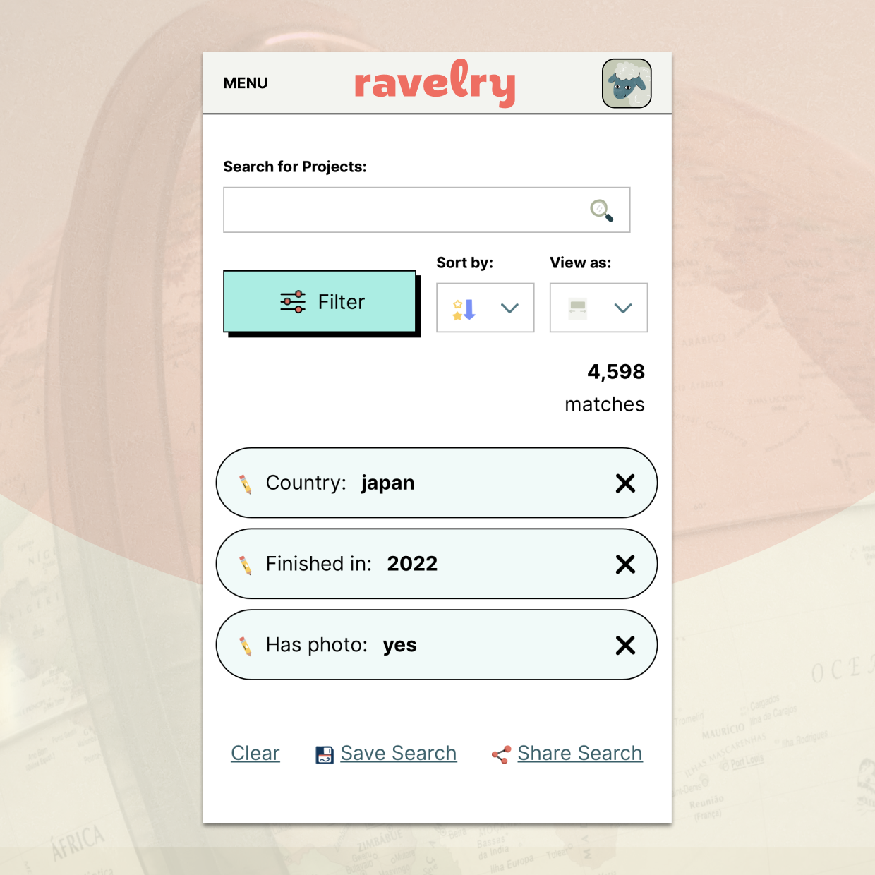 screenshot of Ravelry project search filters as displayed on a mobile device, with country: Japan, Finished in: 2022, and Has photo: yes selected