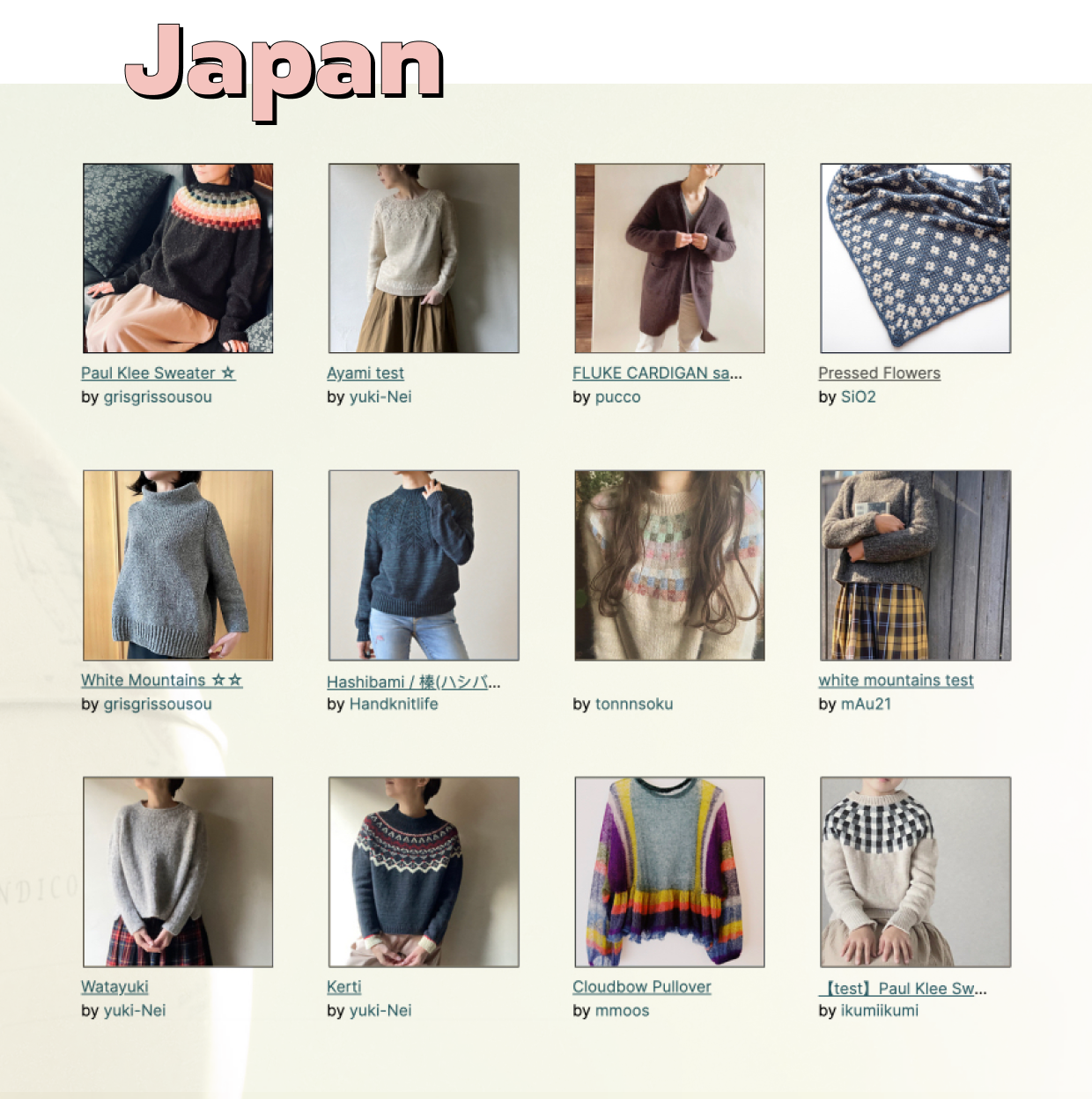 screenshot of hunt results for projects completed successful 2022 by Ravelers successful Japan, showing a assortment of beauteous oversized sweaters successful muted tones, and a grey and achromatic pressed flowers shawl