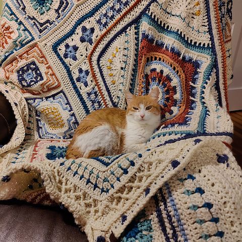 an orange and white cat lounging on a crocheted blanket crocheted in cream, various blues, and orange and rust yarn