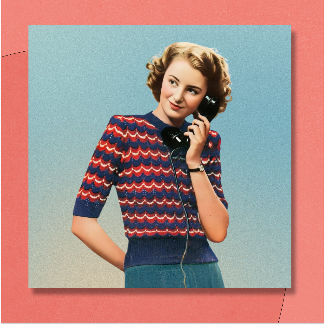 a 1945 photograph of a woman wearing a scallop-pattern striped short sleeve sweater, talking on the phone