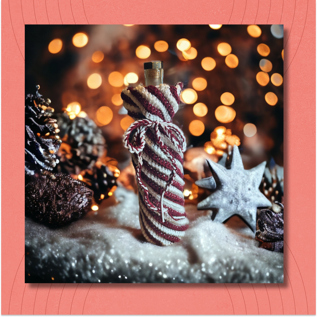 A wine bottle wrapped in a candy-cane striped crocheted cozy on sparkling silver fabric with bokeh lights in the background.