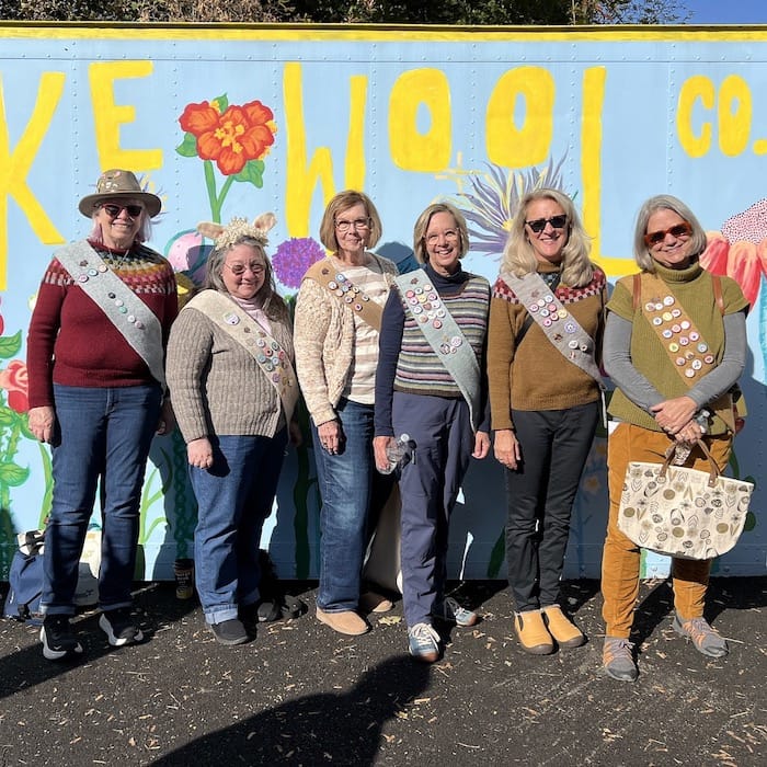 Six women stand against a painted wall, wearing handknit sweaters and matching knitted sashes made to look like Girl Scout sashes with badges.