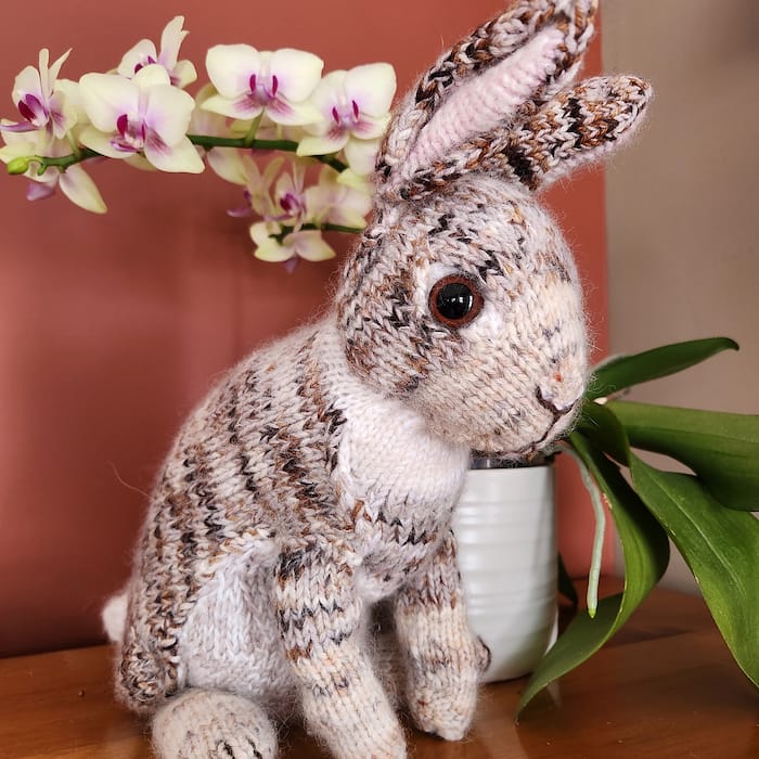 a bunny knit in yarns of variegated browns is posed in front of a pink and white orchid. its ears are very long!