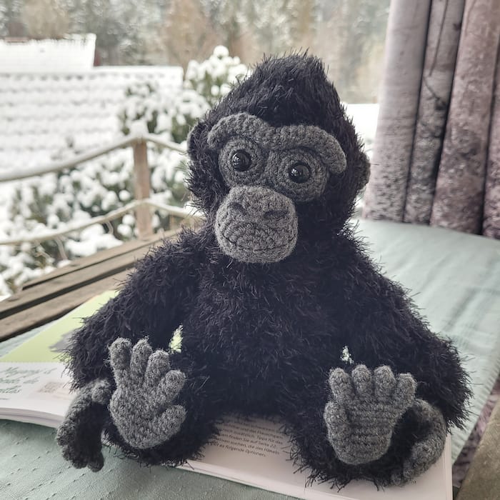 a precious little baby gorilla made from very fuzzy yarn looks toward the camera; although it is a stuffed animal it appears downright inquisitive