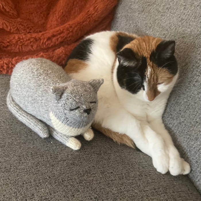 a grey and white stuffed cat in a sleeping pose (with embroidered closed eyes) is on a couch, with a real calico cat delicately sleeping cuddled up next to it.